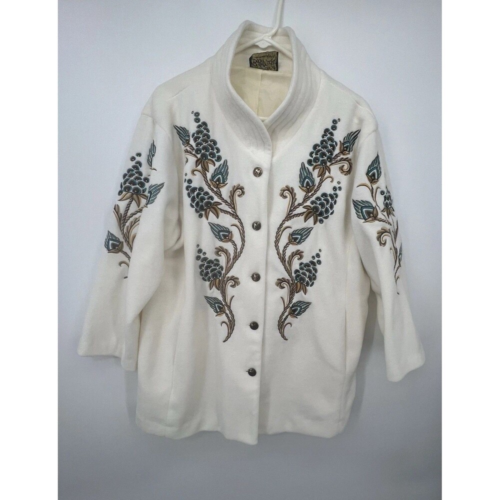 Bob Mackie Wearable Art Fleece Jacket Buttoned Sz XL Ivory Floral Embroidered